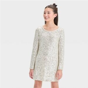 Girls' Long Sleeve Sequin A-Line Dress - art class Silver XL (14)